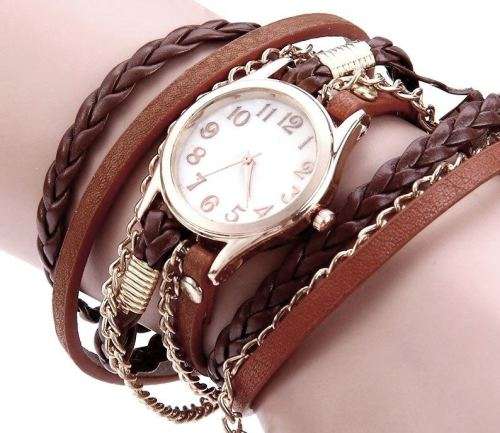 Brown Wrap Golden Chains Wrist Watch Quartz Analog