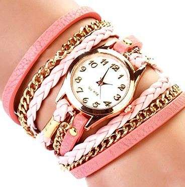 Pink Wrap Golden Chains Wrist Watch Quartz Analog