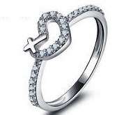 WHITE CZ in Solid 925 Sterling Silver Heart Cross Ring. Size 6 / M / 16.3mm