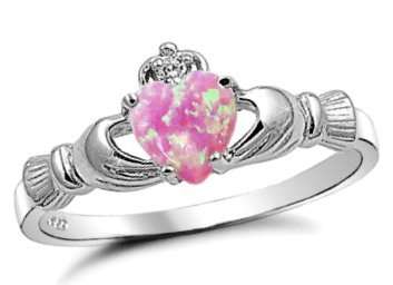Claddagh Traditional Irish Ring with Pink Lab Opal, 925 Sterling Silver - Size 4 / H / 14.9mm