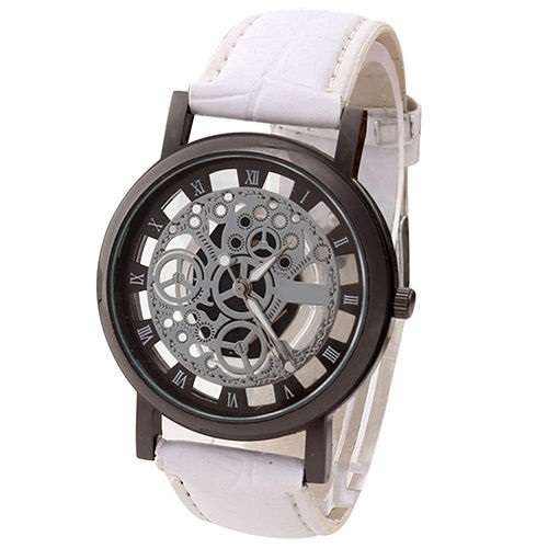 Skeleton Clear Mechanism White PU Leather Strap Analog Quartz Wristwatch