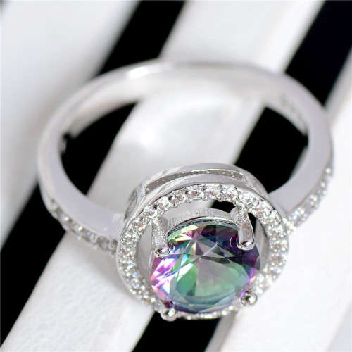 EXTRAORDINARY! 2.39ct Cr.MYSTIC TOPAZ ROUND HALO DESIGN RING - Size 7 / O / 17.3mm