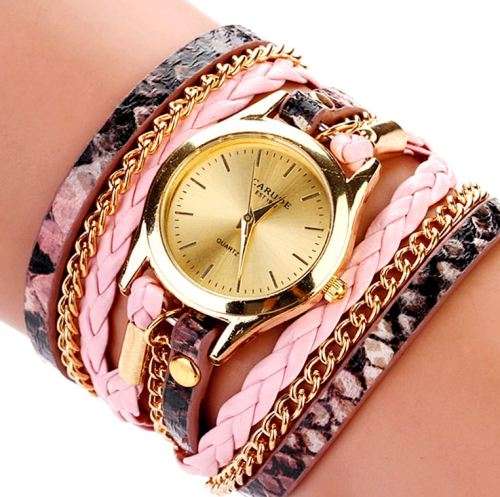 ***R225*** Pink Wrap Golden Chains Leopard Wrist Watch Quartz Analog