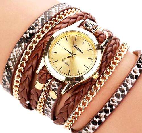 ***R225*** Brown Wrap Golden Chains Leopard Wrist Watch Quartz Analog