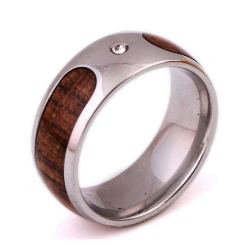 WOOD INLAY WITH CZ, 316L STAINLESS STEEL BAND. RING SIZE 10 / T+ / 19.8mm