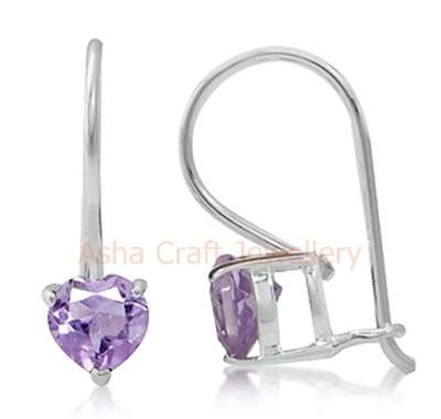Genuine, REAL, Solid, 925 Sterling Silver Earrings, Natural Amethyst, Heart