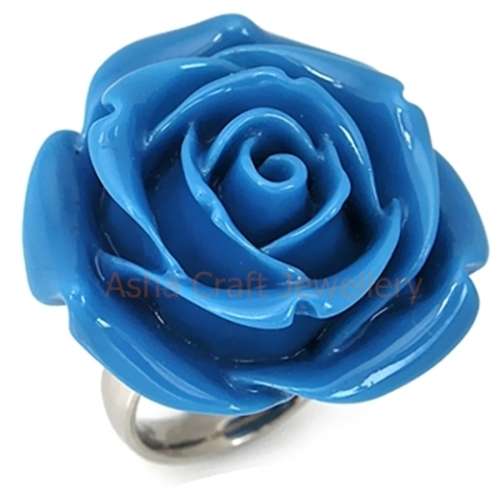 34MM HUGE Blue 316L Stainless Steel ROSE/FLOWER Ring. Size 6