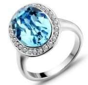 Asha Craft: Sky Blue Austrian Crystal Ring 18k White Gold Plated. SIZE 9 / S