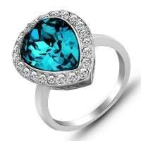 Asha Craft: Sky Blue Austrian Crystal Ring 18k White Gold Plated. SIZE 5.5 / K