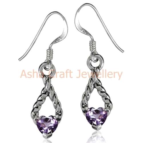 ~FREE SHIPPING~ Genuine, REAL, Solid, 925 Sterling Silver Earrings, Natural Amethyst. Heart