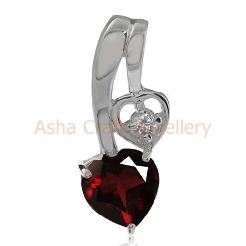 Natural Garnet & White Topaz, HEART, Genuine, REAL, Solid, 925 Sterling Silver Pendant