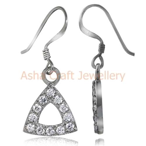 ~~*STER-LING-SIL-VER*~~ Genuine, REAL, Solid, 925 Sterling Silver Earrings, White CZ. TRIANGLE