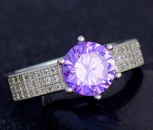 EXTRAORDINARY 2.05CT. SIM AMETHYST S925 SILVER SOLITAIRE AND PAVE RING - SIZE 7 / O