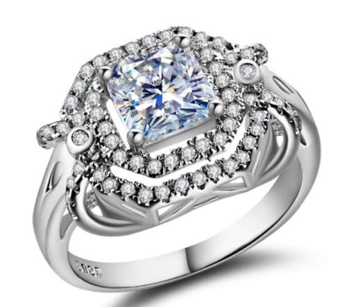 BREATHTAKING! Princess & Pave Sparkling 1.58ct. Cr.Diamond Engagement Ring - Size 7 / O