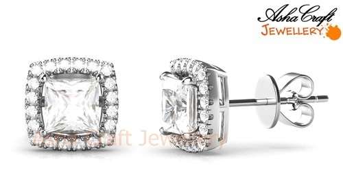 Asha Craft: Solid Genuine 925 Sterling Silver 2.00ct White CZ Princess Halo Earrings