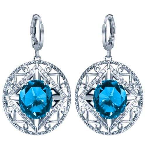 ASHA CRAFT: Luxurious 4ct Sky Blue CZ Oval Rhodium Filigree Dangling Earrings