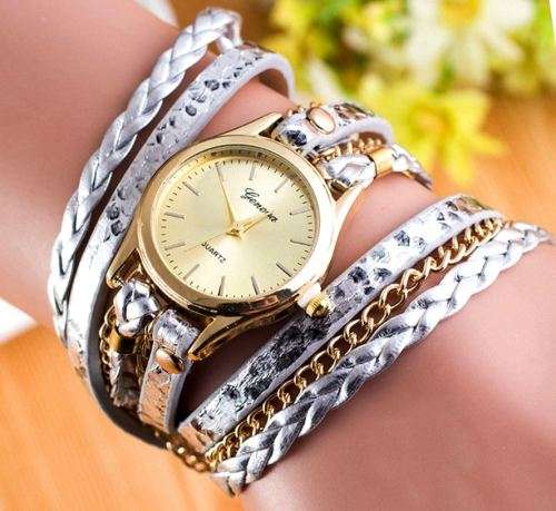 Geneva Quartz Watch Leather Wraparound with Golden Chains