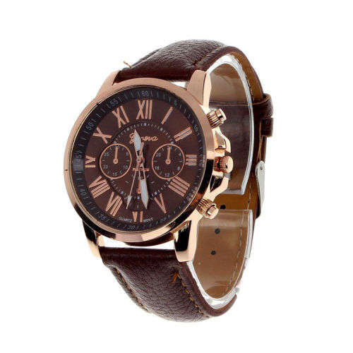 Geneva Platinum Quartz Mens Watch Leather Copper Accents