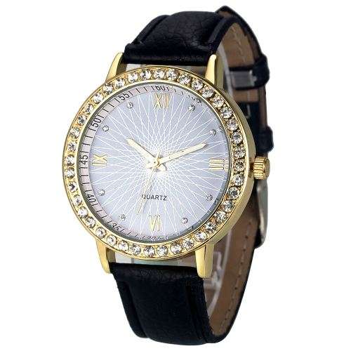 Ladies Quartz Watch Leather Golden Trim Rhinestone Accents