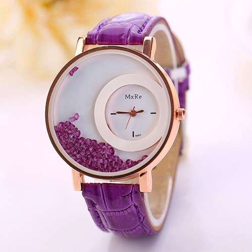 BRAND NEW!!! FLOATING DIAMONDS Ladies Watch PU Leather - Amethyst Purple