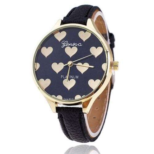 Geneva Platinum Watch Black Leather Gold Hearts Thin Strap