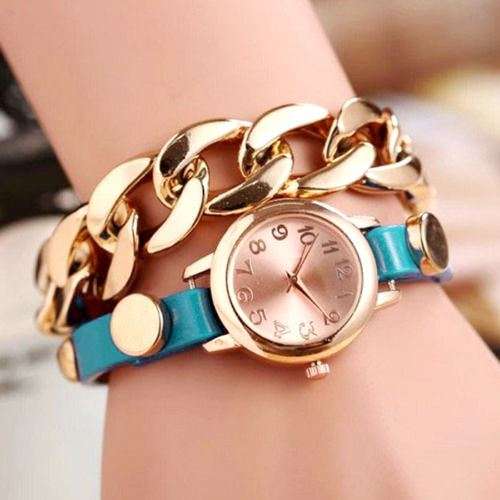 TURQUOISE Ladies Watch Leather Wide Large Golden Chains