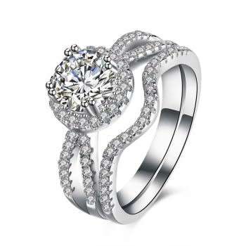 Genuine Solid 925 Sterling Silver Engagement Ring Set, White CZ. Size 7/O