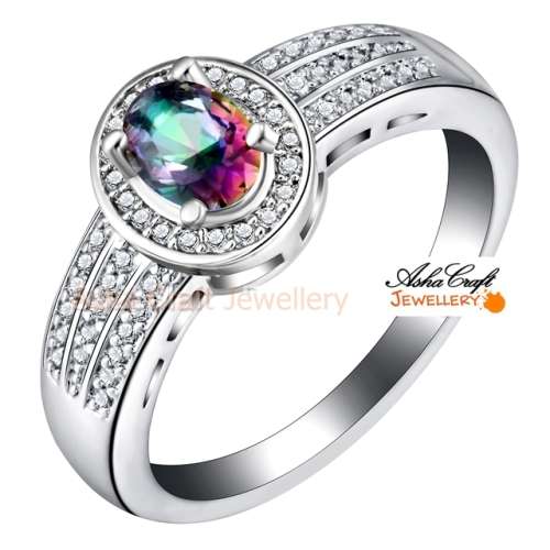 MESMERIZING! 1.07ct Cr.Diamond & Mystic Topaz Designer Halo Ring - Size 7 / O / 17.3mm