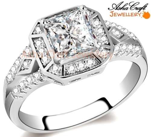 STUNNING!! 1.05ct Princess Cr.Diamond Designer Halo Engagement Ring - Size 7/O