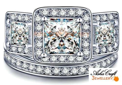 EXTRAORDINARY! 4.05ct Cr.Diamond Princess Cut Engagement Ring & Wedding Band - Size 7/N+