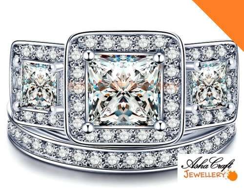 EXTRAORDINARY! 4.05ct Cr.Diamond Princess Cut Engagement Ring & Wedding Band - Size 8/Q/18mm