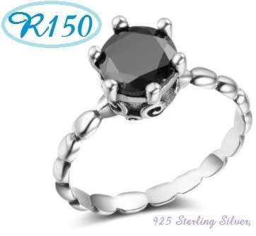 2.00ct Jet Black CZ Solitaire Solid 925 Sterling Silver Ring. SIZE: 6, L½, 16.3mm