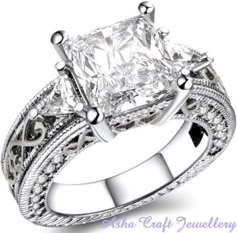 BREATHTAKING 5.67ct Cr.Diamond Princess Cut Designer Filigree Engagement Ring. Size 8 / Q / 18.0mm