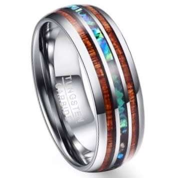 Abalone Shell & Wood Inlay Tungsten Carbide 8MM Wedding Band Ring. Size 11