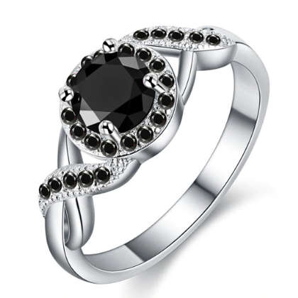Stunning 0.86ct Jet Black CZ Glamour Ring, Pave Halo Design. Size 9 | R-S
