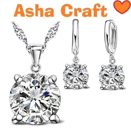 Sparkling White CZ 925 Silver Necklace Earrings Jewellery SET