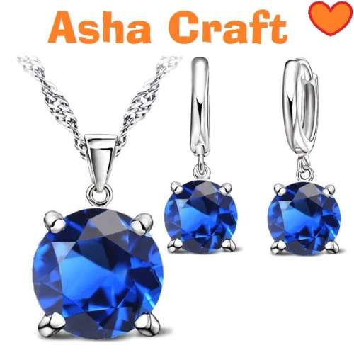 Sapphire Blue CZ 925 Silver Necklace Earrings Jewellery SET