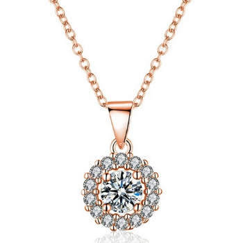 1.12ct Cr.Diamond Round Halo Pave Rose Gold GP Necklace