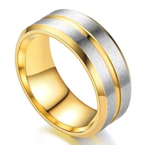 ASHA CRAFT - Mens Brushed Grooved Gold Steel Wedding Band. Size 9