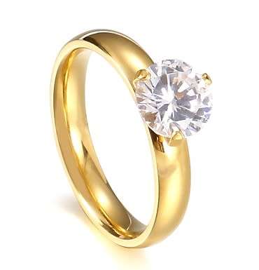 Sparkling 1.80ct White CZ Solitaire Gold Steel Ring. Size 7