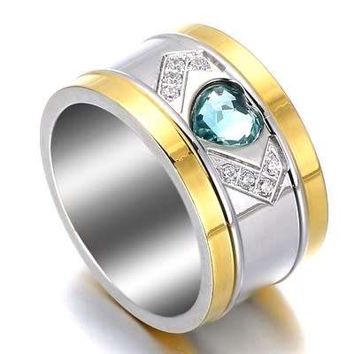 [Certified for R1299.00] Aquamarine Heart 13mm Wide Stainless Steel Ring. Size 7.25