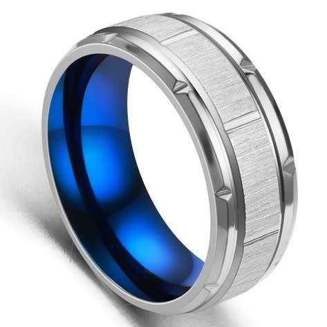 ASHA CRAFT - Mens Brushed Stainless Steel Blue Core Band. Ring Size 9