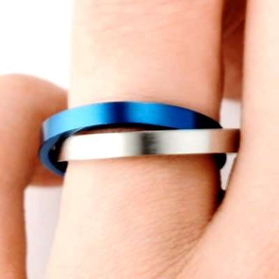 Blue Stainless Steel Interlocking Russian Rolling Ring. Size 10