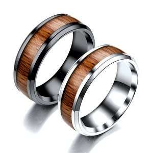 Mens Wood Inlay Stainless Steel Ring. Size 6,7,8,9,10,11,12,13
