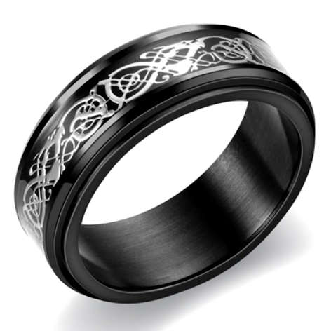 Black Celtic Dragon Stainless Steel Spinner Ring. Size 6,7,8,9,10,11,12,13