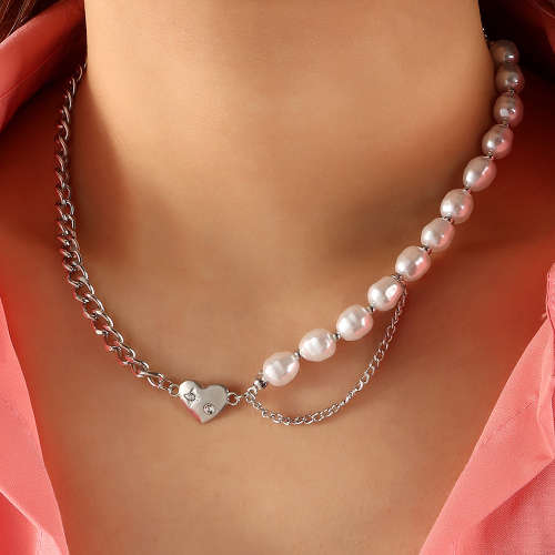 Titanium Choker Necklace with Chain and Pearl accents