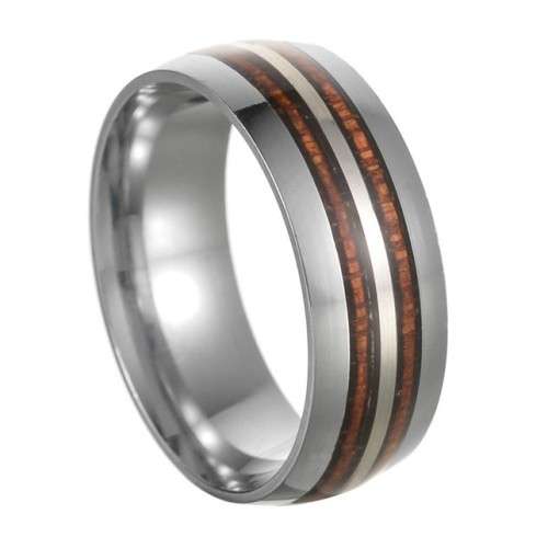 Mens Steel 8mm Acacia Wood Inlay Band. Ring Size 8,9,10,11,12,13