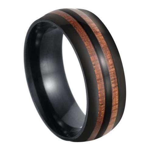 Mens Black Steel 8mm Acacia Wood Inlay Band. Ring Size 8,9,10,11,12,13