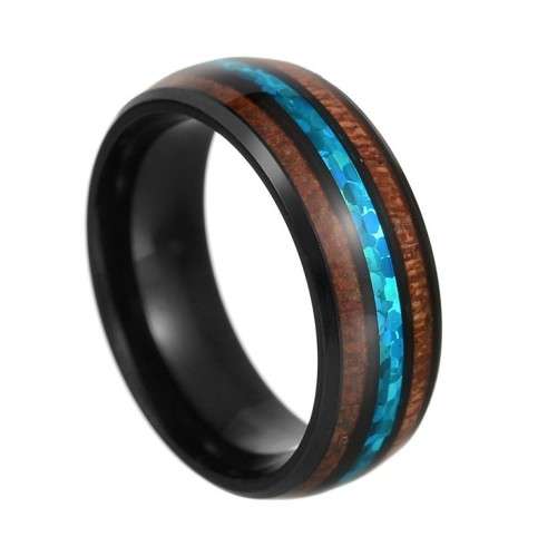 Mens Black Titanium Acacia Wood Opal Inlay Band. Ring Size 6,7,8,9,10,11,12,13