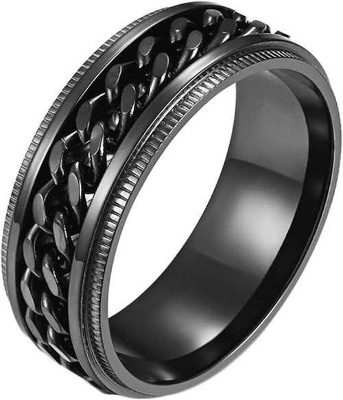TITANIUM RING ROTATING CHAIN BLACK WEDDING BAND. SIZE 10 / T-U
